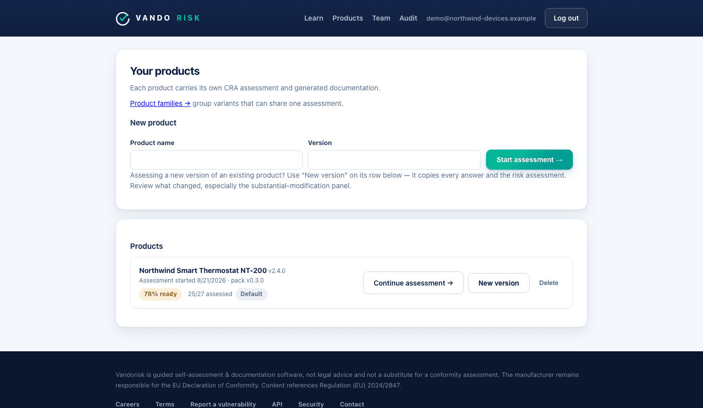 The products dashboard, showing a product with its readiness percentage, how many requirements are assessed, its conformity category, and controls to continue, start a new version, or delete it.